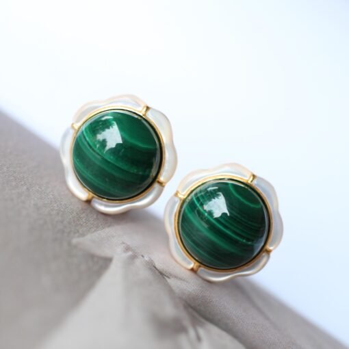 Genuine Cabochon Malachite Earrings Sterling Silver|Statement Malachite Earrings|Petal Floral Malachite Stud|Top Quality malachite studs - Image 5