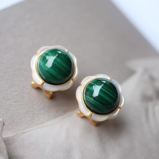 Genuine Cabochon Malachite Earrings Sterling Silver|Statement Malachite Earrings|Petal Floral Malachite Stud|Top Quality malachite studs - Image 2