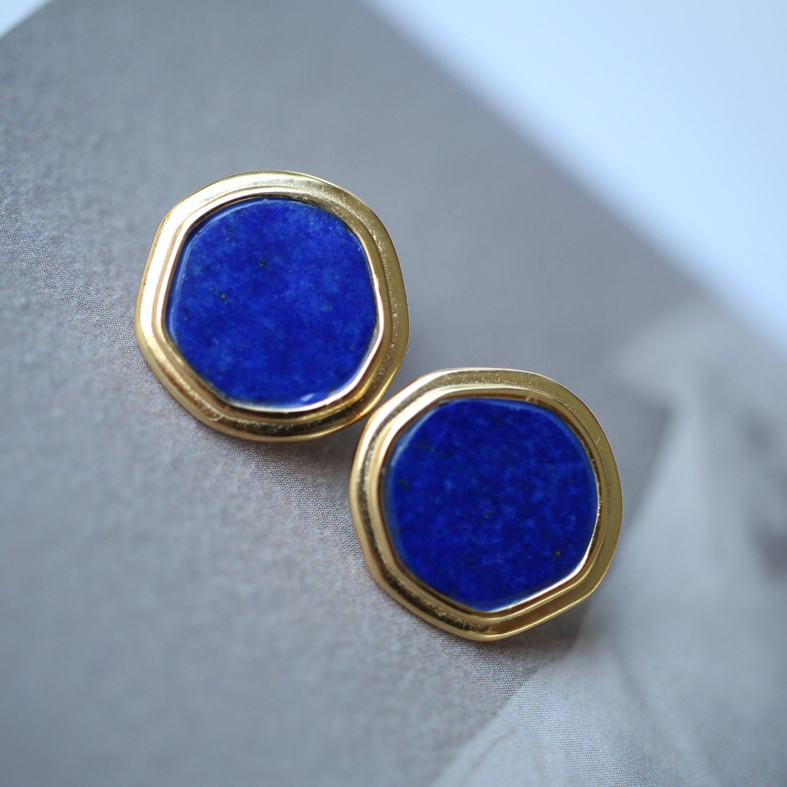 Genuine round Lapis Lazuli Stud Earring sterling silverUnique Simple Blue Gemstone Earring WomenMinimalist September Birthstone Gift Gold