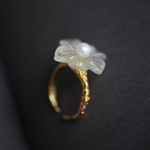 Genuine Moonstone with Pearl Ring/Unique Moonstone rings/Tiny Petal Flower ring|Hand Carved Moonstone rings|Art deco moonstone ring for her - Image 3