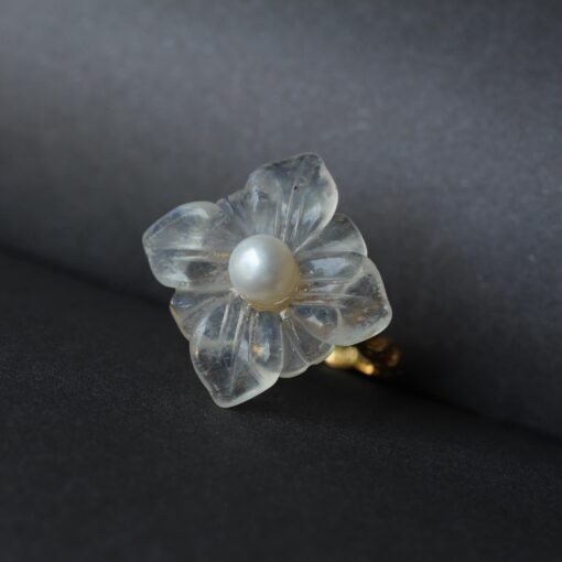 Genuine Moonstone with Pearl Ring/Unique Moonstone rings/Tiny Petal Flower ring|Hand Carved Moonstone rings|Art deco moonstone ring for her - Image 6