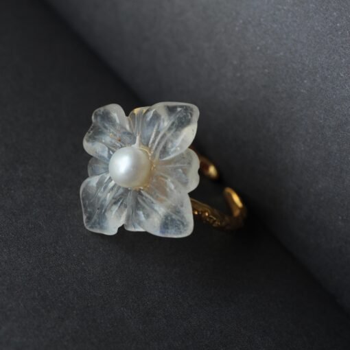Genuine Moonstone with Pearl Ring/Unique Moonstone rings/Tiny Petal Flower ring|Hand Carved Moonstone rings|Art deco moonstone ring for her - Image 5