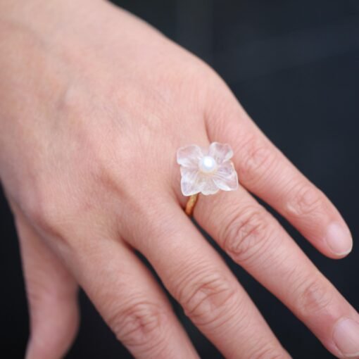 Genuine Moonstone with Pearl Ring/Unique Moonstone rings/Tiny Petal Flower ring|Hand Carved Moonstone rings|Art deco moonstone ring for her - Image 4