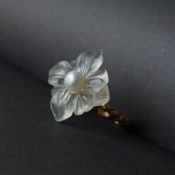 Genuine Moonstone with Pearl Ring/Unique Moonstone rings/Tiny Petal Flower ring|Hand Carved Moonstone rings|Art deco moonstone ring for her
