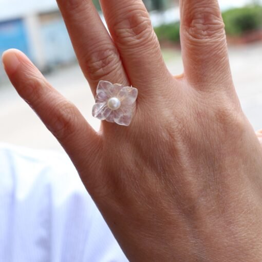 Genuine Moonstone with Pearl Ring/Unique Moonstone rings/Tiny Petal Flower ring|Hand Carved Moonstone rings|Art deco moonstone ring for her - Image 8