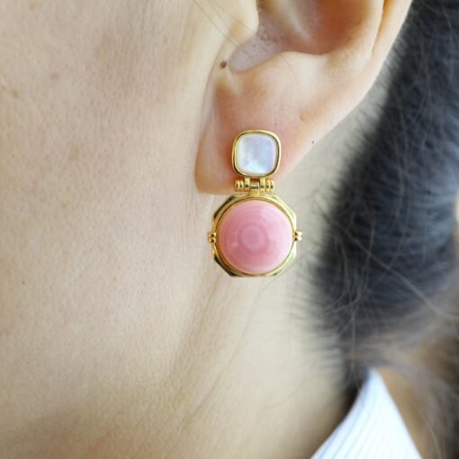 Genuine Pink Queen Conch Shell drop earring silver|Statement Pink Gemstone Jewelry|Unique Earring For Her|Vintage Halo stud Earrings women - Image 4
