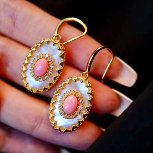 Natural Pink Queen Conch Shell Jewelry set|Pink Sea Shell Stud Earrings|Untreated Pink Gemstone Pendant|Handmade Vintage Jewelry Set women - Image 5