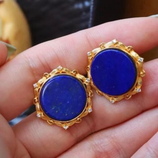 Genuine round Lapis Lazuli Stud Earring sterling silverUnique Blue Gemstone Jewelry Earring WomenVintage September Birthstone Gift Gold