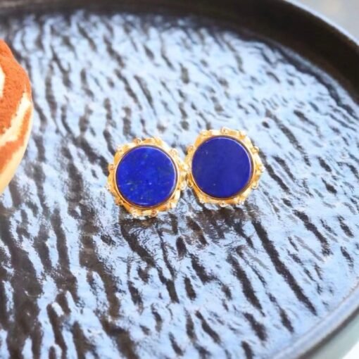 Genuine round Lapis Lazuli Stud Earring sterling silverUnique Blue Gemstone Jewelry Earring WomenVintage September Birthstone Gift Gold - Image 8