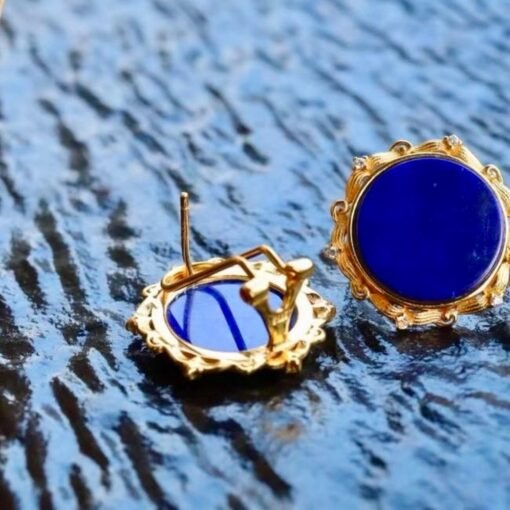 Genuine round Lapis Lazuli Stud Earring sterling silverUnique Blue Gemstone Jewelry Earring WomenVintage September Birthstone Gift Gold - Image 3