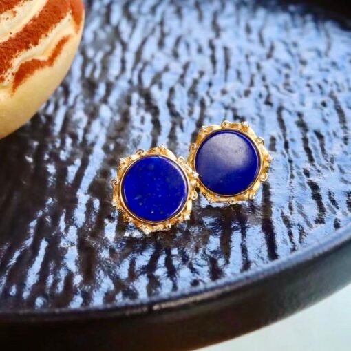 Genuine round Lapis Lazuli Stud Earring sterling silverUnique Blue Gemstone Jewelry Earring WomenVintage September Birthstone Gift Gold - Image 4