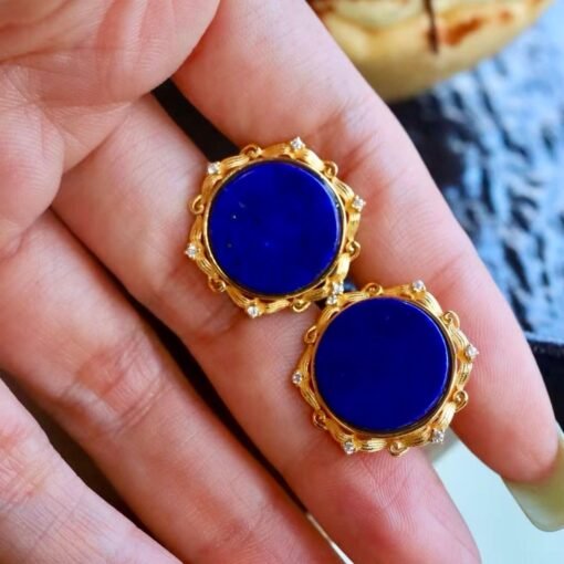 Genuine round Lapis Lazuli Stud Earring sterling silverUnique Blue Gemstone Jewelry Earring WomenVintage September Birthstone Gift Gold - Image 5