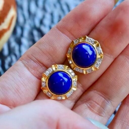 Genuine round Lapis Lazuli Stud Earring sterling silverVintage Antique Blue Gemstone Earring WomenUnqiue September Birthstone Gift Gold - Image 3