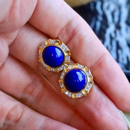 Genuine round Lapis Lazuli Stud Earring sterling silverVintage Antique Blue Gemstone Earring WomenUnqiue September Birthstone Gift Gold - Image 7