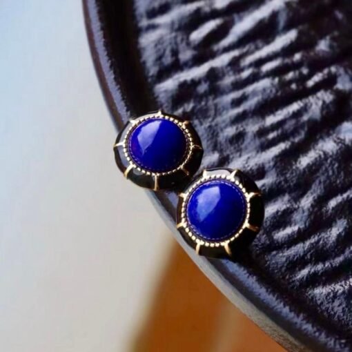 Genuine round Lapis Lazuli Stud Earring sterling silverUnique Vintage Blue Gemstone Earring WomenAntique September Birthstone Gift Gold - Image 2