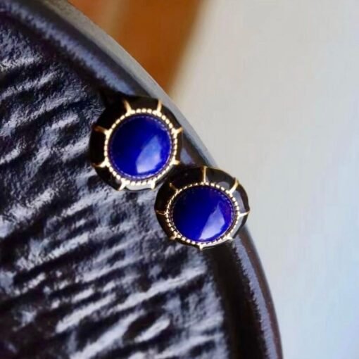 Genuine round Lapis Lazuli Stud Earring sterling silverUnique Vintage Blue Gemstone Earring WomenAntique September Birthstone Gift Gold - Image 6