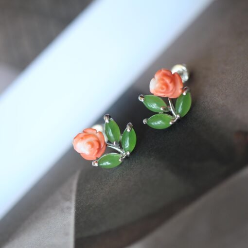 Natural Vivid Green Nephrite with Red Coral Stud Earring Silver|Authentic Dainty Floral Nephrite Jade Earring Women|Unique Red Coral Jewelry - Image 2