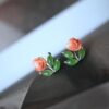 Natural Vivid Green Nephrite with Red Coral Stud Earring Silver|Authentic Dainty Floral Nephrite Jade Earring Women|Unique Red Coral Jewelry