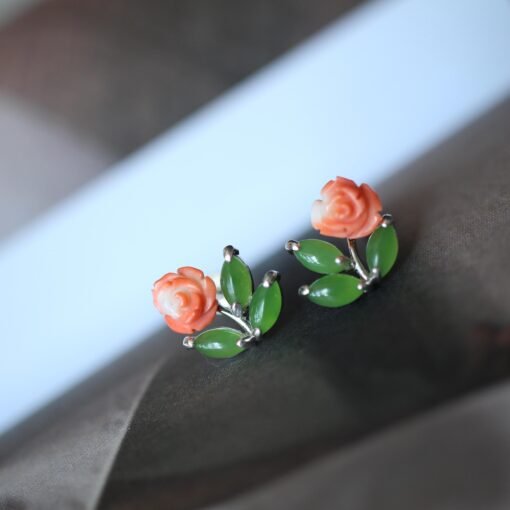 Natural Vivid Green Nephrite with Red Coral Stud Earring Silver|Authentic Dainty Floral Nephrite Jade Earring Women|Unique Red Coral Jewelry