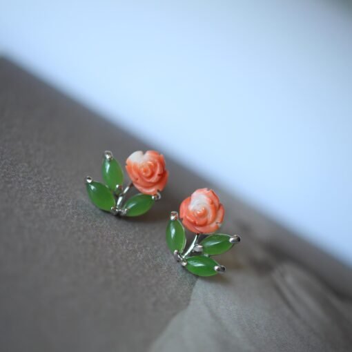 Natural Vivid Green Nephrite with Red Coral Stud Earring Silver|Authentic Dainty Floral Nephrite Jade Earring Women|Unique Red Coral Jewelry - Image 6