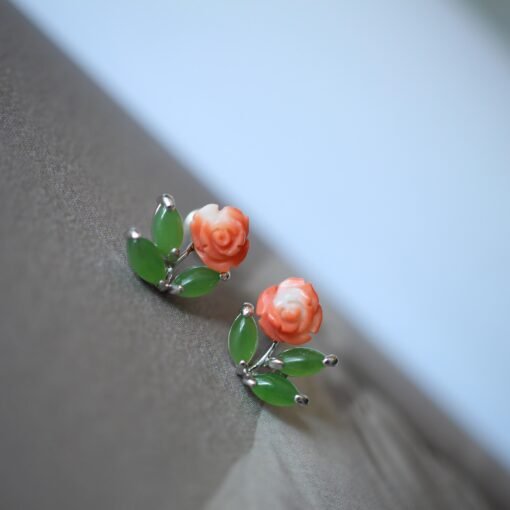 Natural Vivid Green Nephrite with Red Coral Stud Earring Silver|Authentic Dainty Floral Nephrite Jade Earring Women|Unique Red Coral Jewelry - Image 3