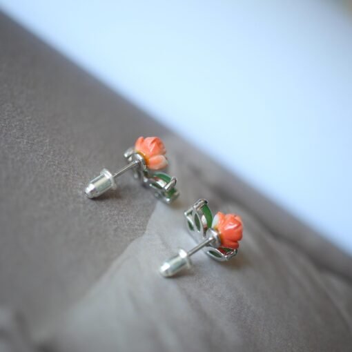Natural Vivid Green Nephrite with Red Coral Stud Earring Silver|Authentic Dainty Floral Nephrite Jade Earring Women|Unique Red Coral Jewelry - Image 5
