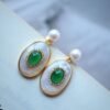 Oval Mother of Pearl Drop Earring with Green Agate|Unique bezel Chrysoprase drop EarringsVintage Gemstone earrings SilverMothers day gift