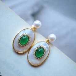 Oval Mother of Pearl Drop Earring with Green Agate|Unique bezel Chrysoprase drop EarringsVintage Gemstone earrings SilverMothers day gift