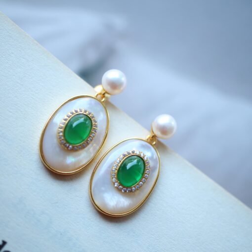Oval Mother of Pearl Drop Earring with Green Agate|Unique bezel Chrysoprase drop EarringsVintage Gemstone earrings SilverMothers day gift - Image 5