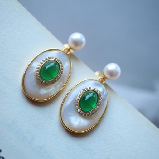 Oval Mother of Pearl Drop Earring with Green Agate|Unique bezel Chrysoprase drop EarringsVintage Gemstone earrings SilverMothers day gift - Image 7