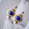 Natural Oval Lapis Lazuli Studs Earring with pearl|Statement lapis lazuli studs silverUnique Vintage September birthstone jewelry earrings