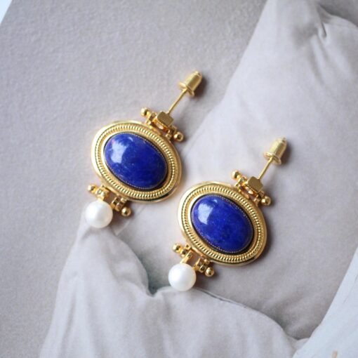 Natural Oval Lapis Lazuli Studs Earring with pearl|Statement lapis lazuli studs silverUnique Vintage September birthstone jewelry earrings