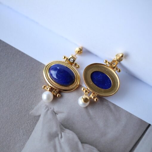 Natural Oval Lapis Lazuli Studs Earring with pearl|Statement lapis lazuli studs silverUnique Vintage September birthstone jewelry earrings - Image 7