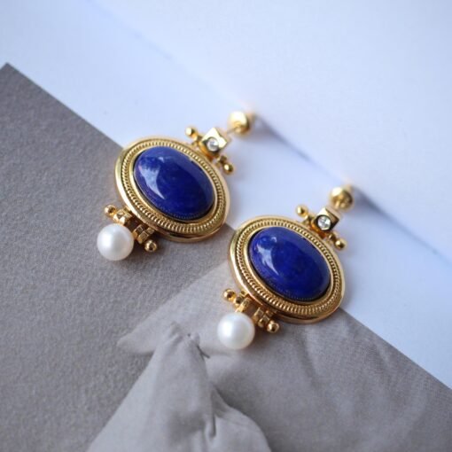 Natural Oval Lapis Lazuli Studs Earring with pearl|Statement lapis lazuli studs silverUnique Vintage September birthstone jewelry earrings - Image 3