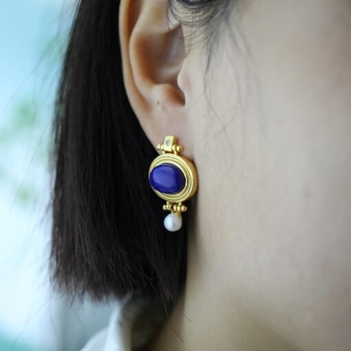 Natural Oval Lapis Lazuli Studs Earring with pearl|Statement lapis lazuli studs silverUnique Vintage September birthstone jewelry earrings - Image 8