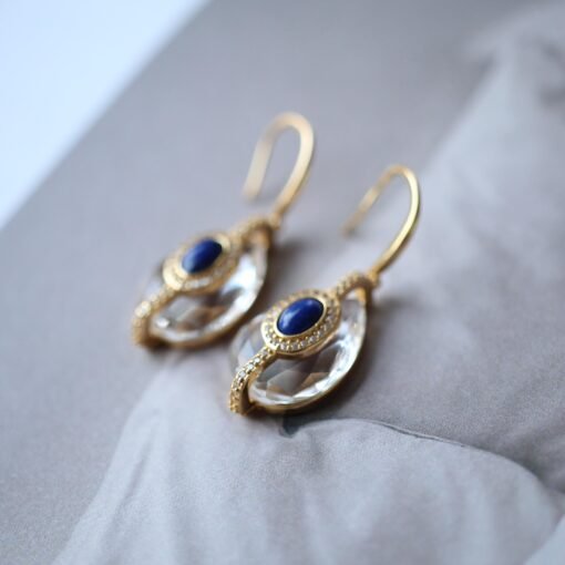 Vintage Lapis Lazuli with White Quartz Drop Earring silver|Natural Art Deco lapis lazuli earringUnique September birthstone jewelry earring - Image 2