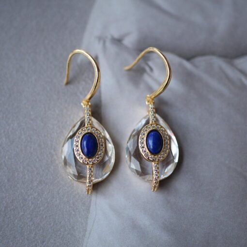 Vintage Lapis Lazuli with White Quartz Drop Earring silver|Natural Art Deco lapis lazuli earringUnique September birthstone jewelry earring - Image 7