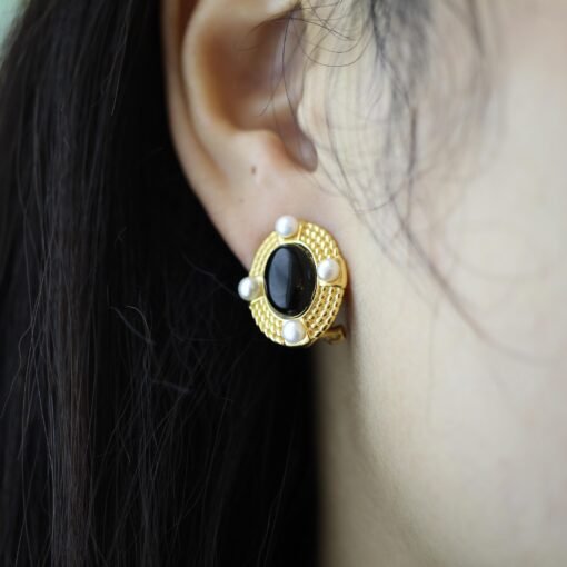 Natural Black Agate Studs Earrings With Pearl|Charm Pearl Jewelry|Dainty Pearl Studs Earrings|Unique Pearl Earring|Genuine Black Agate Studs - Image 8