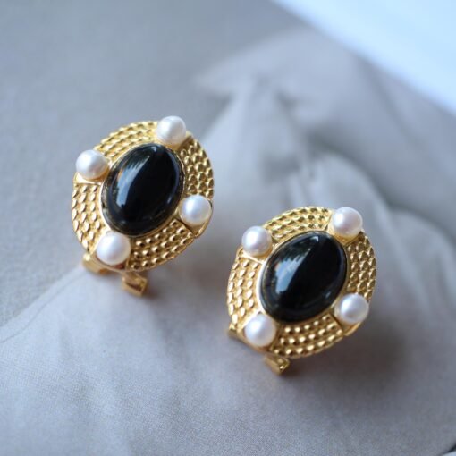 Natural Black Agate Studs Earrings With Pearl|Charm Pearl Jewelry|Dainty Pearl Studs Earrings|Unique Pearl Earring|Genuine Black Agate Studs