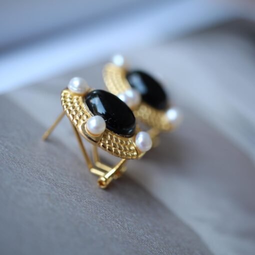 Natural Black Agate Studs Earrings With Pearl|Charm Pearl Jewelry|Dainty Pearl Studs Earrings|Unique Pearl Earring|Genuine Black Agate Studs - Image 6