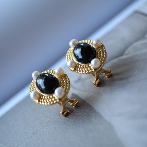Natural Black Agate Studs Earrings With Pearl|Charm Pearl Jewelry|Dainty Pearl Studs Earrings|Unique Pearl Earring|Genuine Black Agate Studs - Image 3