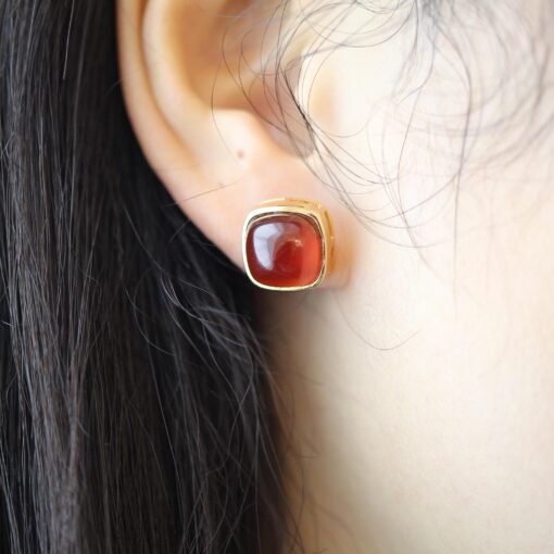 Natural Cabochon Garnet Earrings Gold Plated silver/Unique Square Garnet Earrings Women/Art Deco Vintage Statement Red Gemstone Earring Gold - Image 8