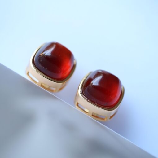 Natural Cabochon Garnet Earrings Gold Plated silver/Unique Square Garnet Earrings Women/Art Deco Vintage Statement Red Gemstone Earring Gold - Image 3
