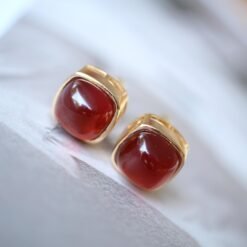 Natural Cabochon Garnet Earrings Gold Plated silver/Unique Square Garnet Earrings Women/Art Deco Vintage Statement Red Gemstone Earring Gold