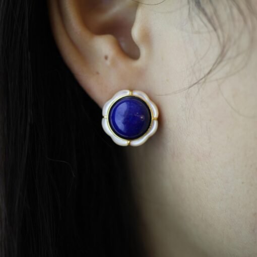 Genuine Lapis Lazuli Studs Earring sterling silver|Statement lapis lazuli studsFloral petal lapis lazuli studsHemisphere Lapis Lazuli stud - Image 4