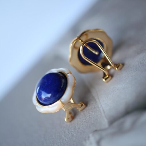 Genuine Lapis Lazuli Studs Earring sterling silver|Statement lapis lazuli studsFloral petal lapis lazuli studsHemisphere Lapis Lazuli stud - Image 6