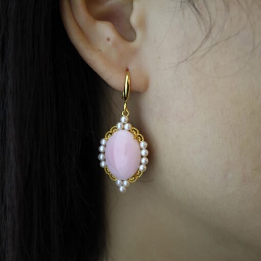 Genuine Pearl dangle earring 925 silver|Vintage Oval Pink Gemstone Jewelry|Unique Pearl Drop Women|Real pearl earring|Pink Queen Conch Shell - Image 4