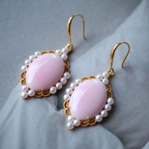 Genuine Pearl dangle earring 925 silver|Vintage Oval Pink Gemstone Jewelry|Unique Pearl Drop Women|Real pearl earring|Pink Queen Conch Shell - Image 5