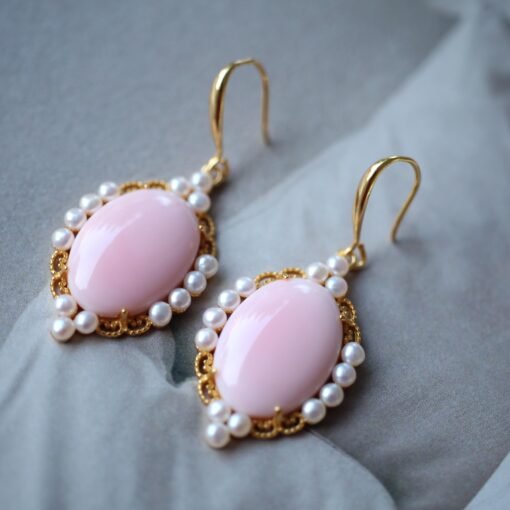 Genuine Pearl dangle earring 925 silver|Vintage Oval Pink Gemstone Jewelry|Unique Pearl Drop Women|Real pearl earring|Pink Queen Conch Shell - Image 2
