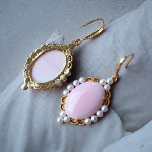 Genuine Pearl dangle earring 925 silver|Vintage Oval Pink Gemstone Jewelry|Unique Pearl Drop Women|Real pearl earring|Pink Queen Conch Shell - Image 3